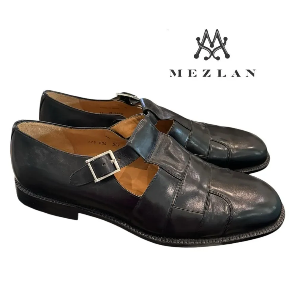 New Mezlan Hash-Lea Black Leather Fisherman’s Men's Shoes Sandals 13
